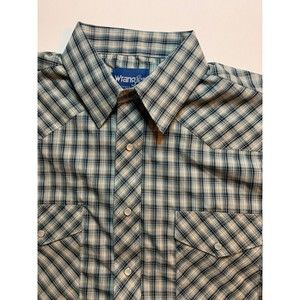 Vintage Wrangler Shirt Mens Large Blue Sawtooth Plaid Pearl Snap Western Cowboy
